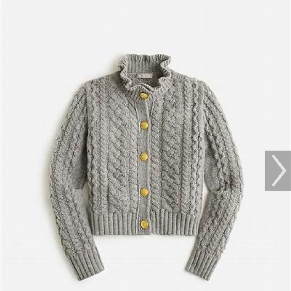 Gray Cable Knit ruffle neck cardigan with Gold Buttons